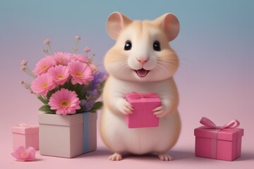 Gifting happiness: Cartoon cute hamster surrounded by vibrant present boxes and flowers.Birthday greeting card concept.