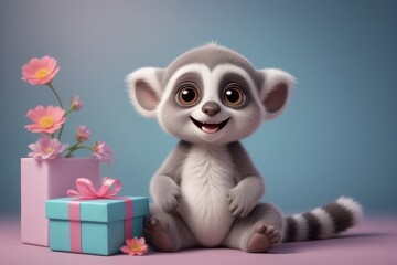 Cartoon illustration of a cute lemur catta baby animal on a birthday card concept.