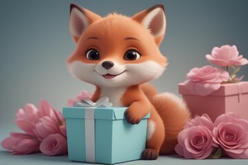 3D cartoon illustration of a happy fox baby with charming gift boxes.Birthday greeting card concept.