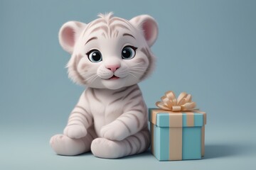 Festive joy: Cartoon illustration of a cute white tiger baby animal on a birthday card concept.