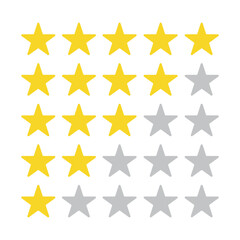 Five stars, four stars, 3 stars, 2 stars, 1 star out of 5, set of icons score stars vector isolation on white background