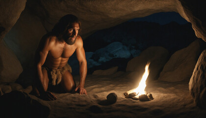 Ancient Neanderthal with Torch Exploring Cave at Night for Shelter - obrazy, fototapety, plakaty