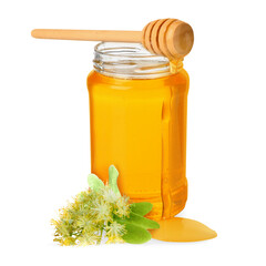 Honey in glass jar, dipper and linden flowers isolated on white