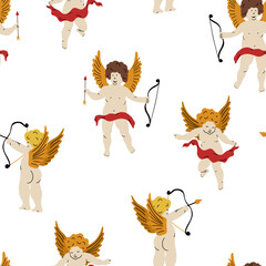 Cupid with bow and arrow. Valentine day seamless pattern. Hand drawn cartoon cute wallpaper in retro vintage style. Amur Boy. God eros. Love flying angel Valentine’s Day background vector illustration