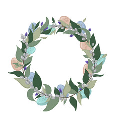 Easter wreath with eggs, flowers and willow flat vector illustration. Hand drawn vector decorative Easter wreath isolated on transparent background. Happy Easter concept. Trendy design. 