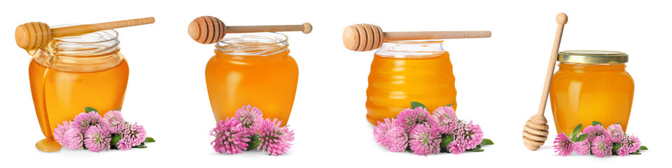 Honey in glass jars, dippers and clover flowers isolated on white, collection