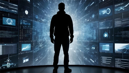 A silhouette of a person standing in front of a giant digital screen with a flow of data showing various cyber threats and vulnerabilities