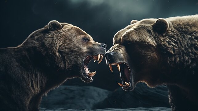 Intense clash of two ferocious bears amidst majestic scenic backdrop of mountain. Banner