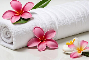 Obraz na płótnie Canvas Rolled pink spa towel and Frangipani flowers with branch on white background. Spa and wellness center of the hotel or resort. Background for bath and beauty products. Relax with aromatherapy. Zen.