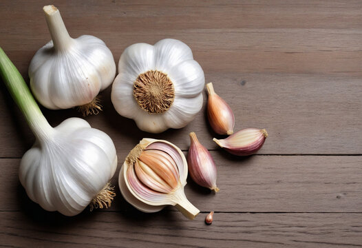 Garlic display on rustic wooden surface, arrangement of whole garlic bulbs and cloves, top view food background.