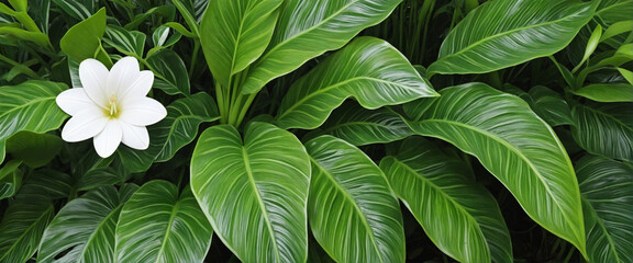 Tropical Plant with Green Leaves and White Flower in Garden - Lush Foliage and Beautiful Patterns for Spa Background