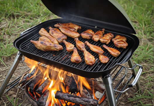 Barbecue chicken. Royalty high quality free stock image of bbq chicken and camping tent in the forest