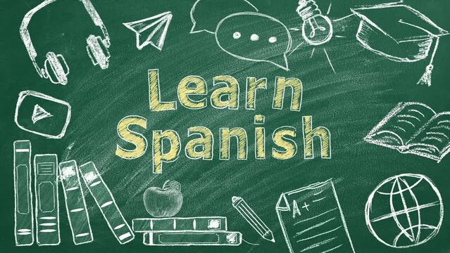 Lettering LEARN SPANISH on greenboard. Translation related and language learning icon set. Education concept. Can be used for topics like communication, studying abroad, e-learning, home education