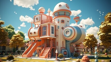 3D rendering of a colorful and whimsical house