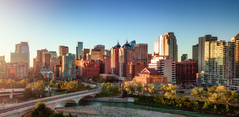 Naklejka premium Downtown City buildings at sunrise. Calgary, Alberta, Canada