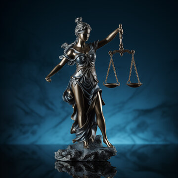 Symbolic 3D Bronze Lady Justice Statue on Dark Blue Background