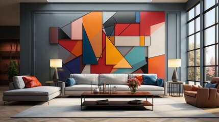 Modern living room interior with colorful abstract painting on the wall
