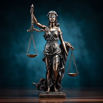 Symbolic 3D Bronze Lady Justice Statue on Dark Blue Background