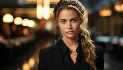 Obraz premium Young woman with blond hair looking at camera generated by AI