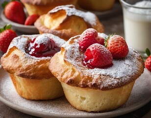 Freshly Baked Popover Pastry Served with a Sprinkle of Powdered Sugar and Strawberry Jam.