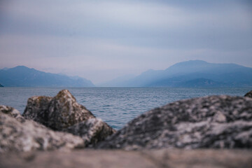 view of the mountain lake from the rocky embankment.