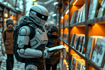 Man in Storm Trooper Suit Standing in Front of Bookshelf. An image of a man dressed in a storm trooper suit standing in front of a bookshelf. - obrazy, fototapety, plakaty