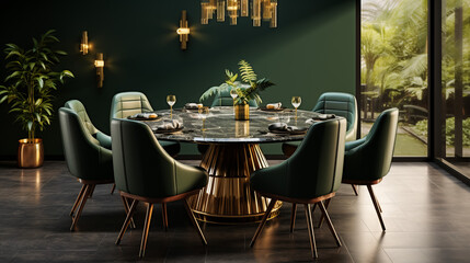 Modern gray dining table with five stylish chairs in loft apartment with wooden floor