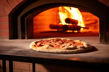 Foto op Plexiglas A pizzaiolo is cooking a delicious pizza in a wood fired oven © Adobe Contributor