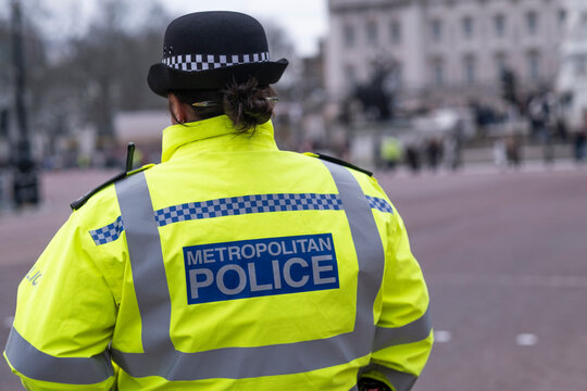 London, UK 14 January 2024. Police patrol in front of Buckingham Palace.