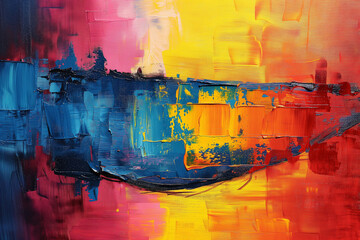 Vivid abstract oil painting with a sweeping blend of red, blue, and yellow hues, evoking energy and movement.