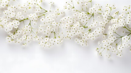 Small white gypsophila flowers on white background. Women's Day, Mother's Day, Valentine's Day, Wedding concept. Flat lay. Top view. Copy space - obrazy, fototapety, plakaty