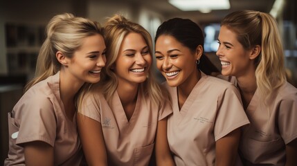 Four smiling women in pink scrubs - obrazy, fototapety, plakaty