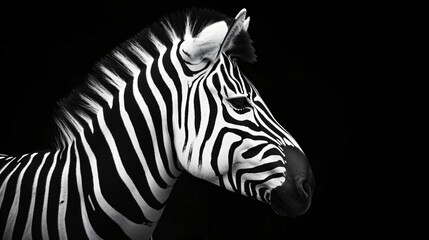 A high quality, high contrast, half profile black and white photograph of a zebra on a solid black background