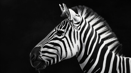 Fototapeta na wymiar A high quality, high contrast, half profile black and white photograph of a zebra on a solid black background