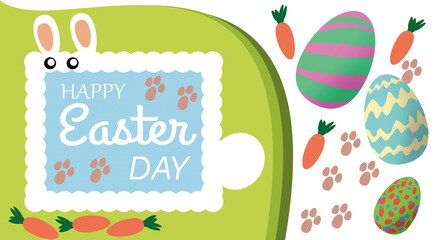Happy Easter Day, fluffy white rabbit, carrots and painted eggs to celebrate Easter, white color typographic mixes.