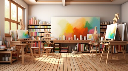 Art studio with easels, paints, and a large abstract painting