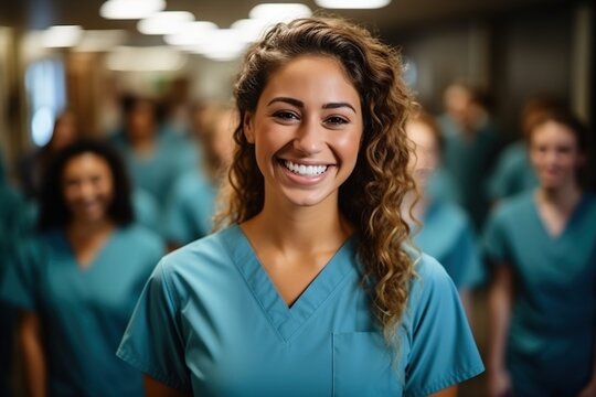 Confident young female healthcare professional in scrubs