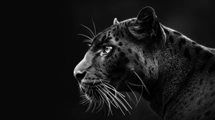 Tuinposter A high quality, high contrast, half profile black and white photograph of a black panther on a solid black background © Scott