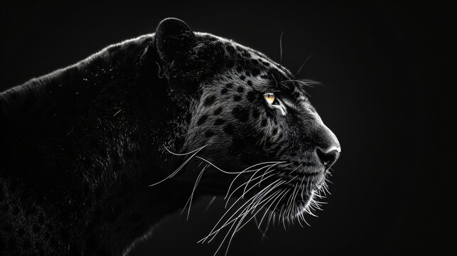 A high quality, high contrast, half profile black and white photograph of a black panter on a solid black background