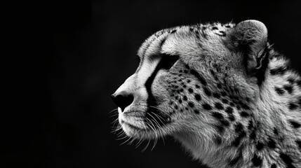 Obraz premium A high quality, high contrast, half profile black and white photograph of a cheetah on a solid black background