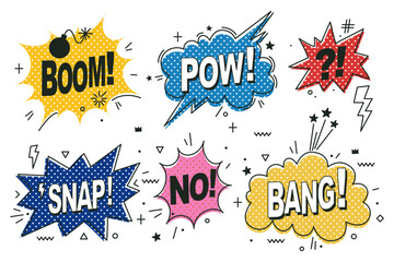 Set of comic speech bubbles isolated on white background. Expression funny style with text Pow, Bang, Boom, Snap. Banner, poster and sticker concept. Message Pow for web. Vintage design, pop art style - 711030738