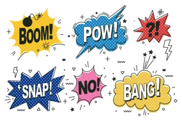 Deurstickers Set of comic speech bubbles isolated on white background. Expression funny style with text Pow, Bang, Boom, Snap. Banner, poster and sticker concept. Message Pow for web. Vintage design, pop art style © Mariia