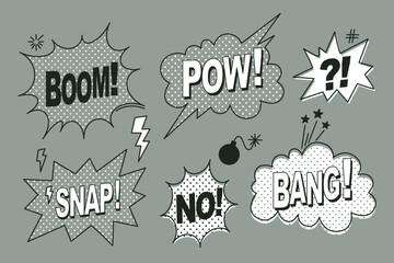 Set of comic speech bubbles isolated on grey background. Expression funny style with text Pow, Bang, Boom, Snap. Banner, poster and sticker concept. Message Pow for web. Vintage design, pop art style - obrazy, fototapety, plakaty