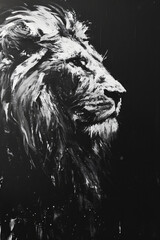 A black and white painting of a lion
