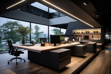 Modern office interior with large windows and wooden furniture