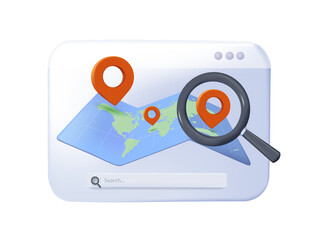 Find location online, search bar and pin isolated. GPS and Navigation map Symbol 3D illustration. Element for Map, Social Media, Mobile Apps. 3D Web Vector