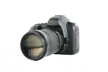 Fototapeta premium Big Black DSLR Digital Camera full frame sensor with lens on white background.