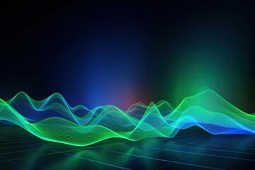 Wavy terrain of glowing green and blue lines on a dark background