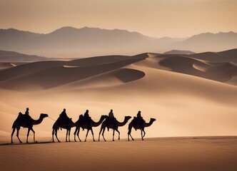 silhouette of camels moving in a line in the desert and a man standing in the foreground
