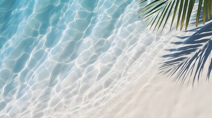 top view of water surface with tropical leaf shadow. Shadow of palm leaves on white sand beach. Beautiful abstract background concept banner for summer vacation at the beach.
 - obrazy, fototapety, plakaty